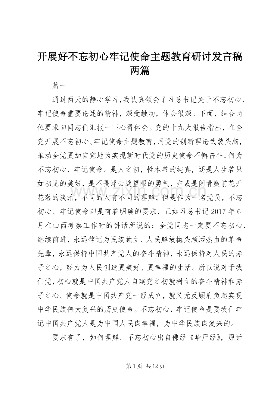 开展好不忘初心牢记使命主题教育研讨发言稿两篇.docx_第1页