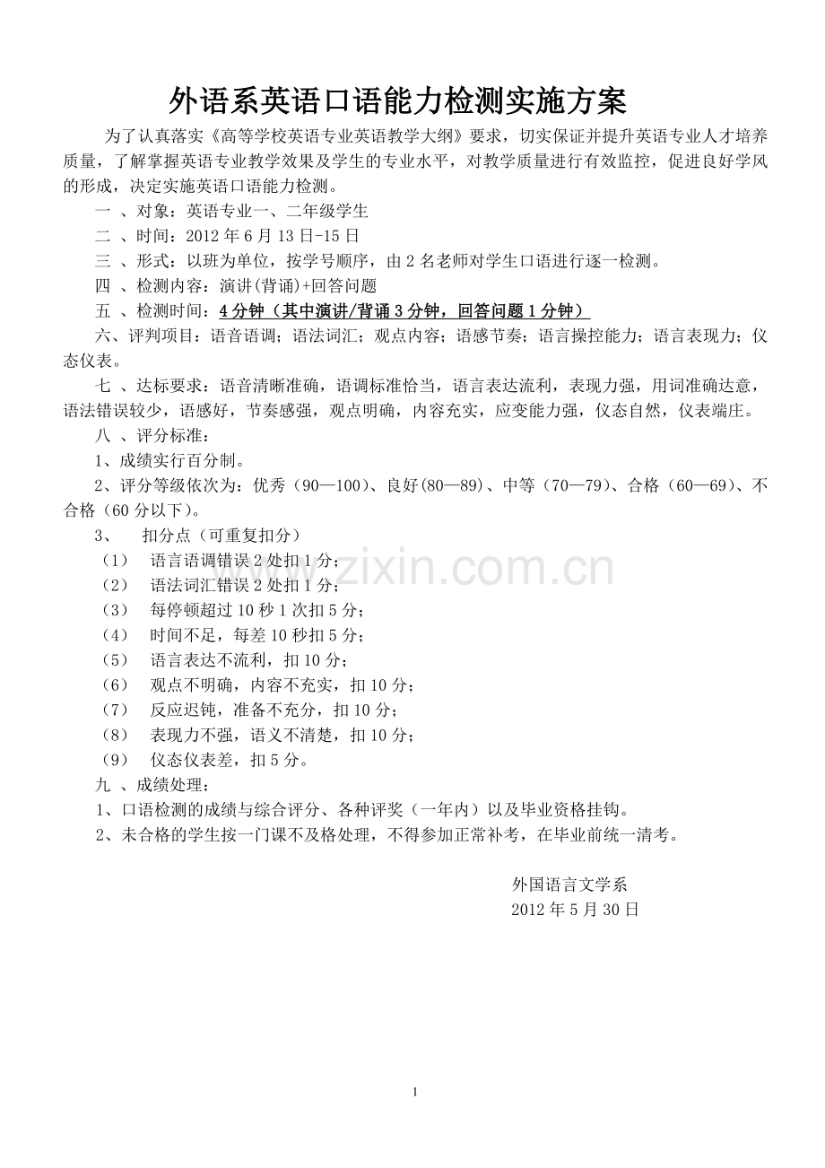 外语系英语口语能力检测实施方案.doc_第1页