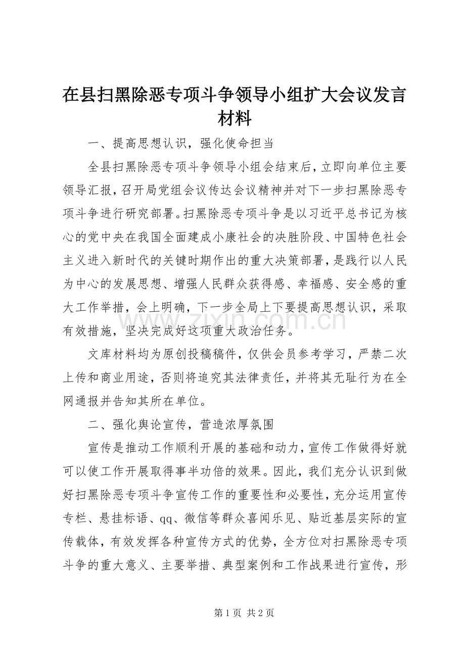 在县扫黑除恶专项斗争领导小组扩大会议发言材料.docx_第1页