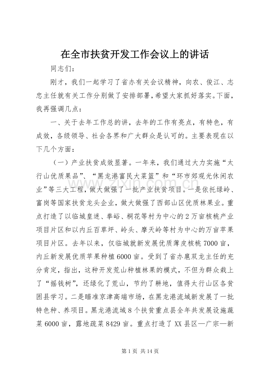 在全市扶贫开发工作会议上的讲话.docx_第1页