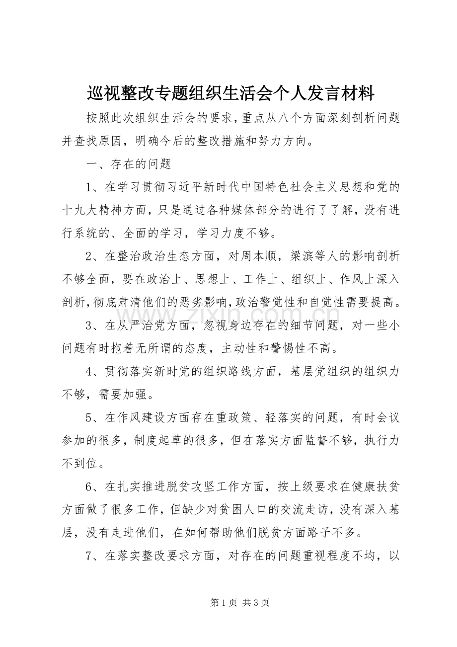 巡视整改专题组织生活会个人发言材料.docx_第1页