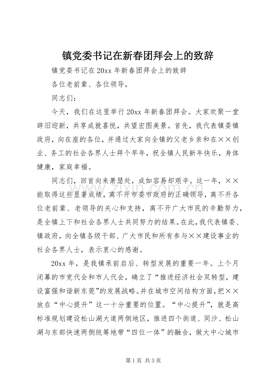 镇党委书记在新春团拜会上的致辞.docx_第1页