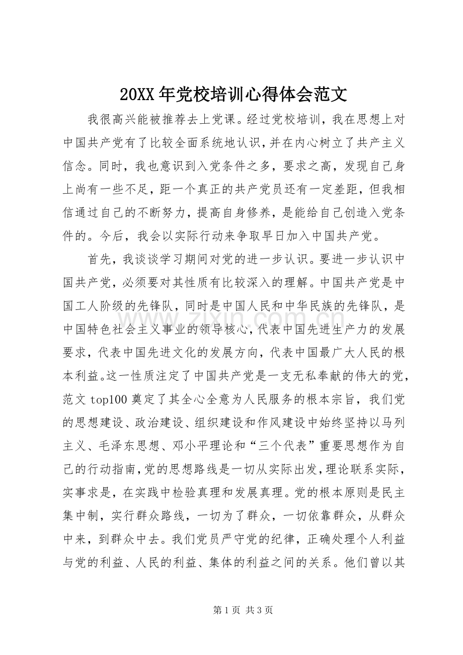 20XX年党校培训心得体会范文.docx_第1页