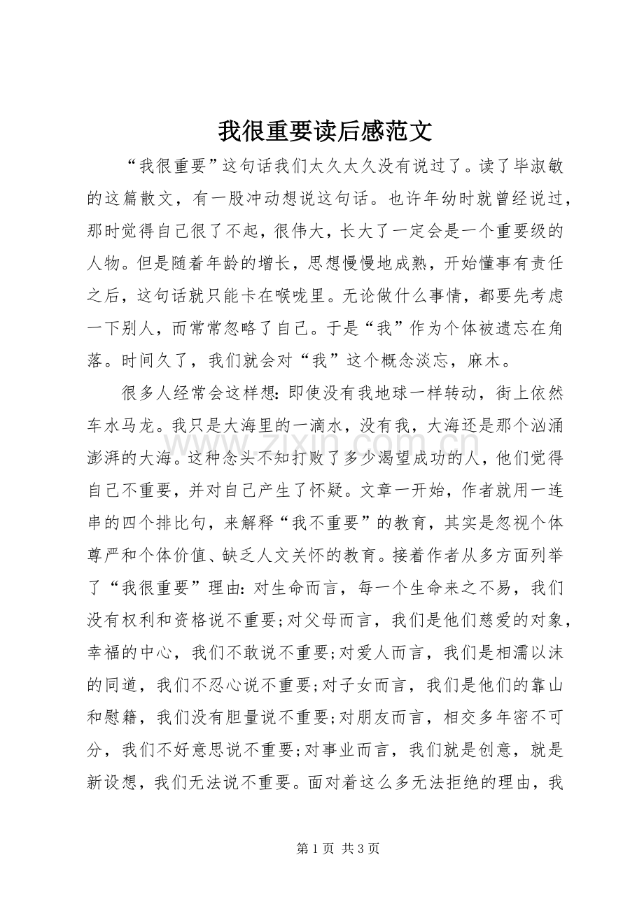 我很重要读后感范文.docx_第1页