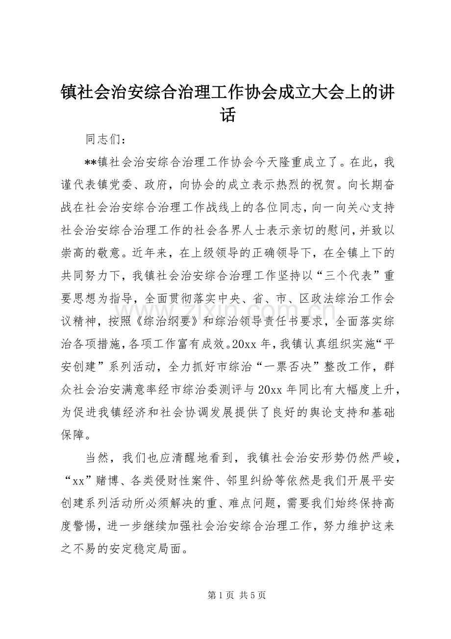 镇社会治安综合治理工作协会成立大会上的讲话.docx_第1页