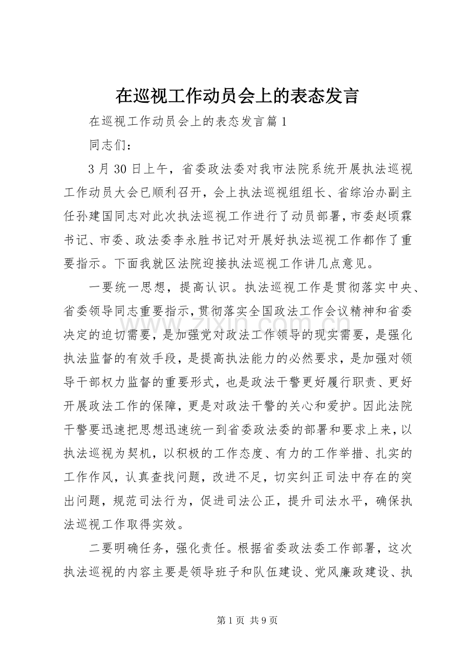 在巡视工作动员会上的表态发言.docx_第1页