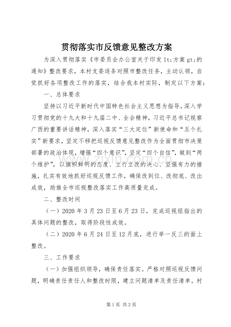 贯彻落实市反馈意见整改实施方案.docx_第1页