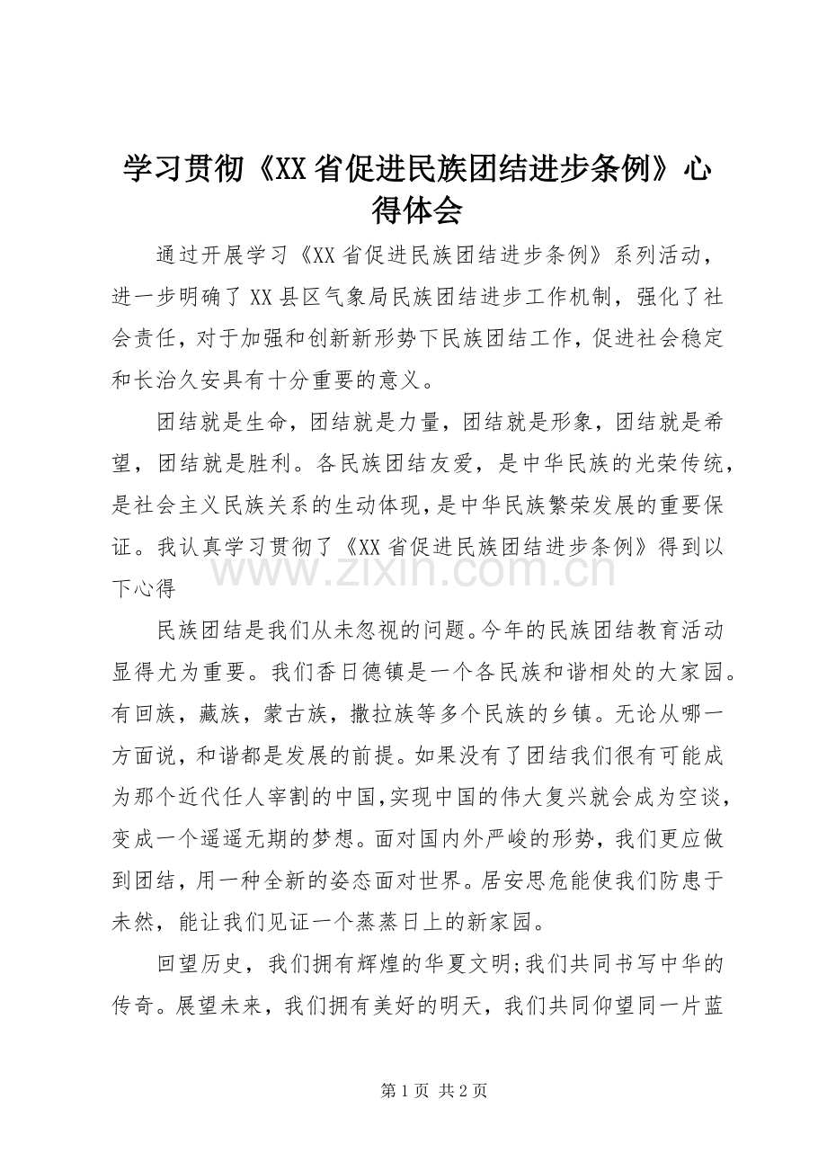 学习贯彻《XX省促进民族团结进步条例》心得体会.docx_第1页