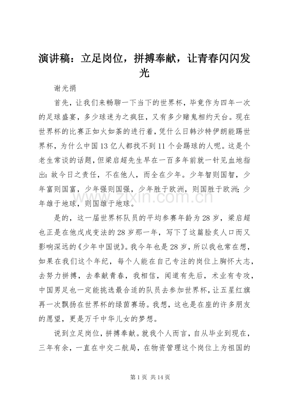 演讲稿：立足岗位拼搏奉献让青春闪闪发光.docx_第1页