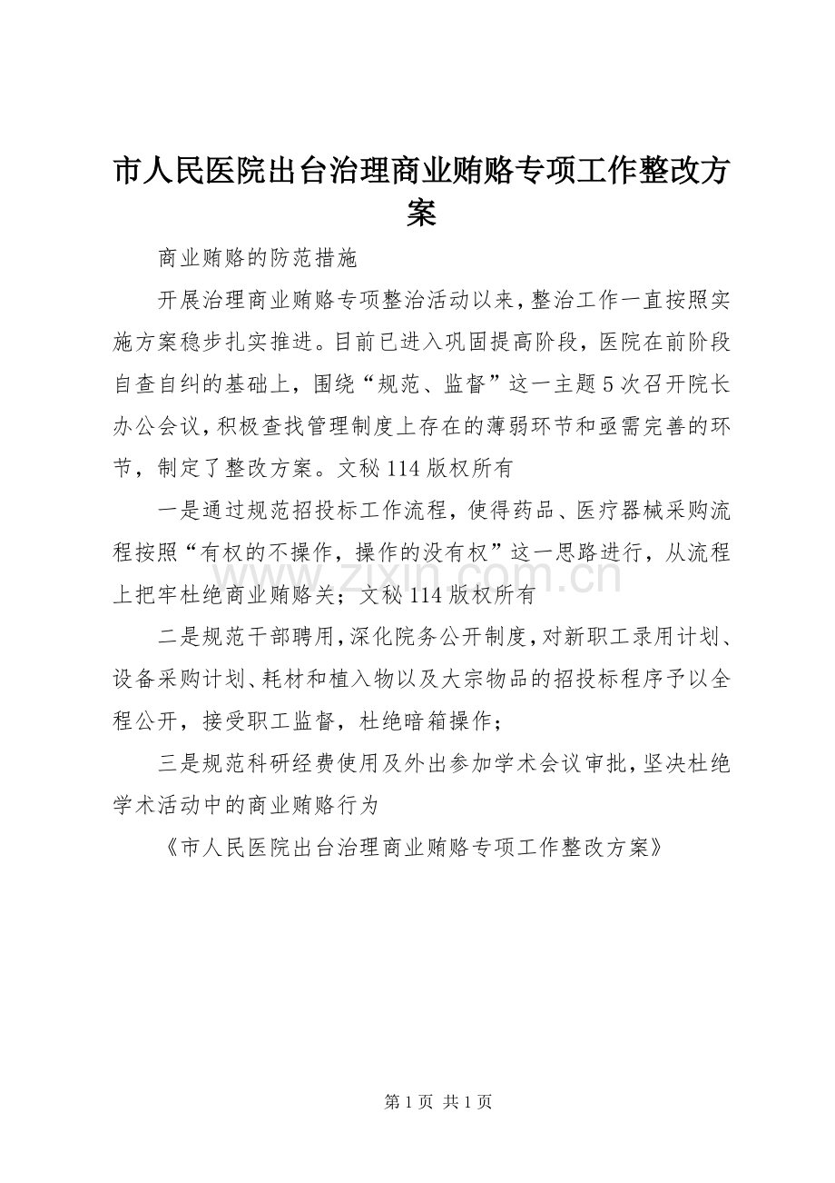 市人民医院出台治理商业贿赂专项工作整改实施方案.docx_第1页