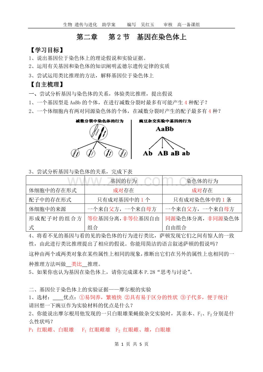 南通市二中高一生物助学案：基因在染色体上.doc_第1页