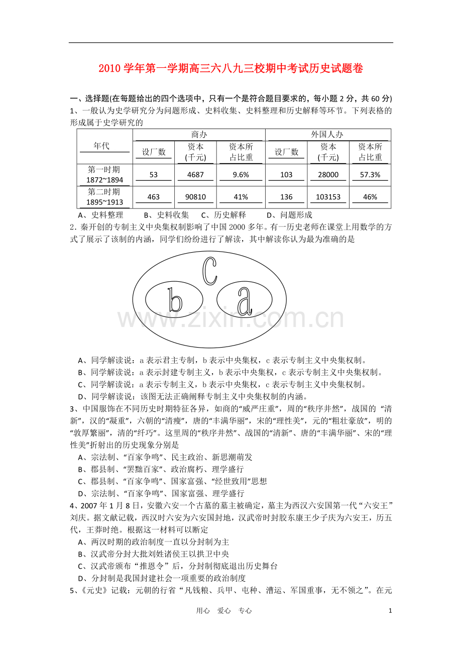 浙江省杭州萧山三校2011届高三历史上学期期中联考试题人民版.doc_第1页