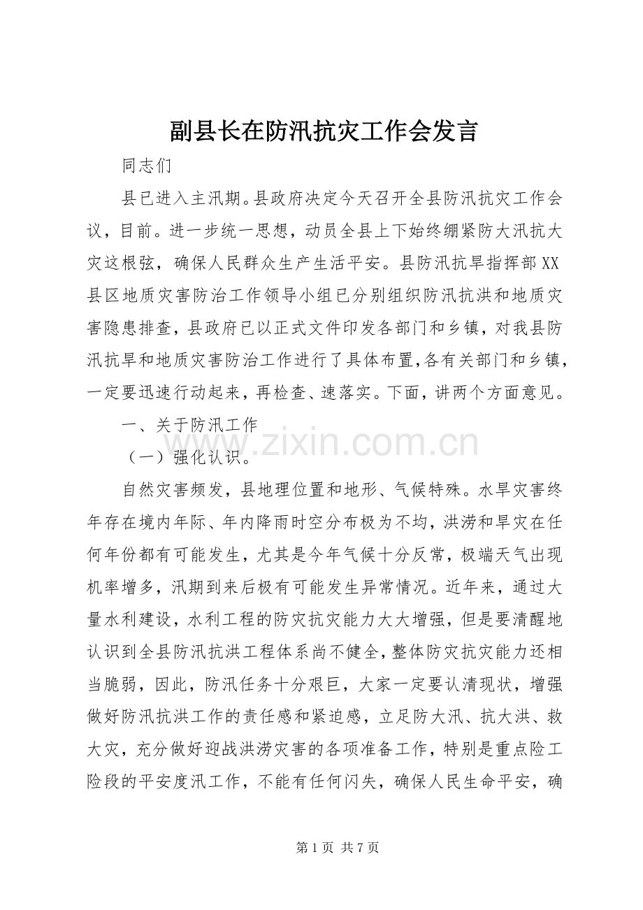 副县长在防汛抗灾工作会发言.docx_第1页