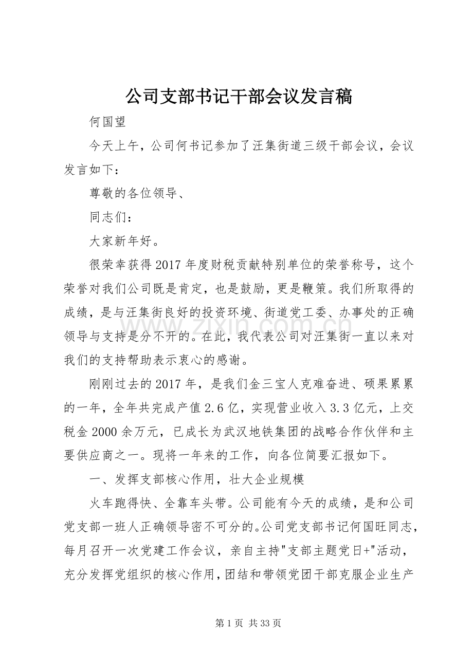 公司支部书记干部会议发言稿.docx_第1页