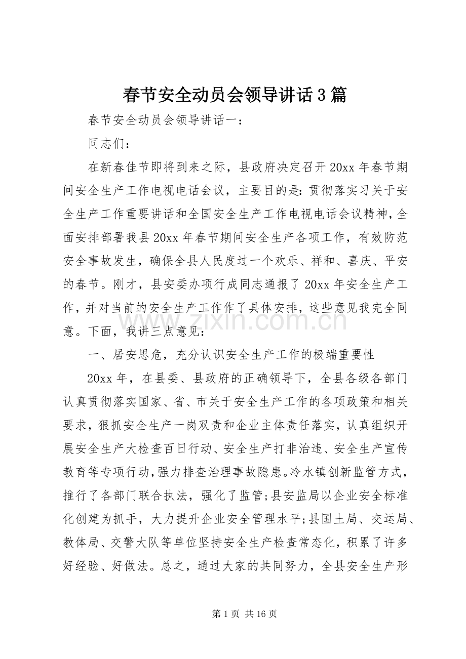 春节安全动员会领导讲话3篇.docx_第1页