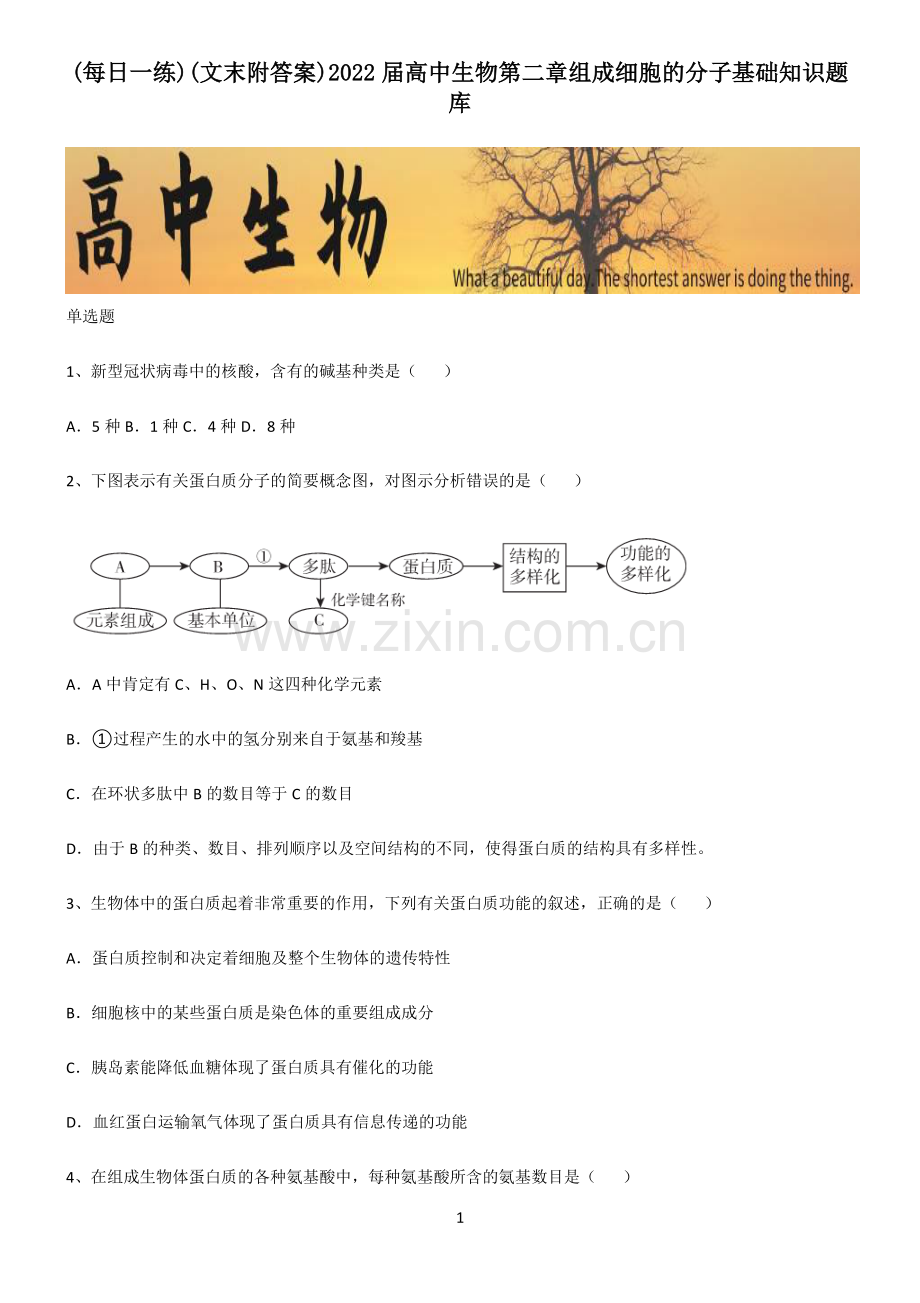 (文末附答案)2022届高中生物第二章组成细胞的分子基础知识题库.pdf_第1页