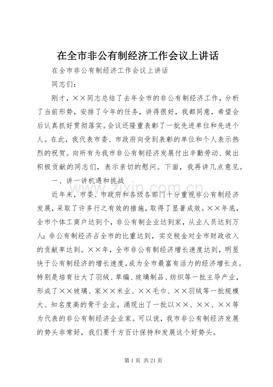 在全市非公有制经济工作会议上讲话.docx_第1页