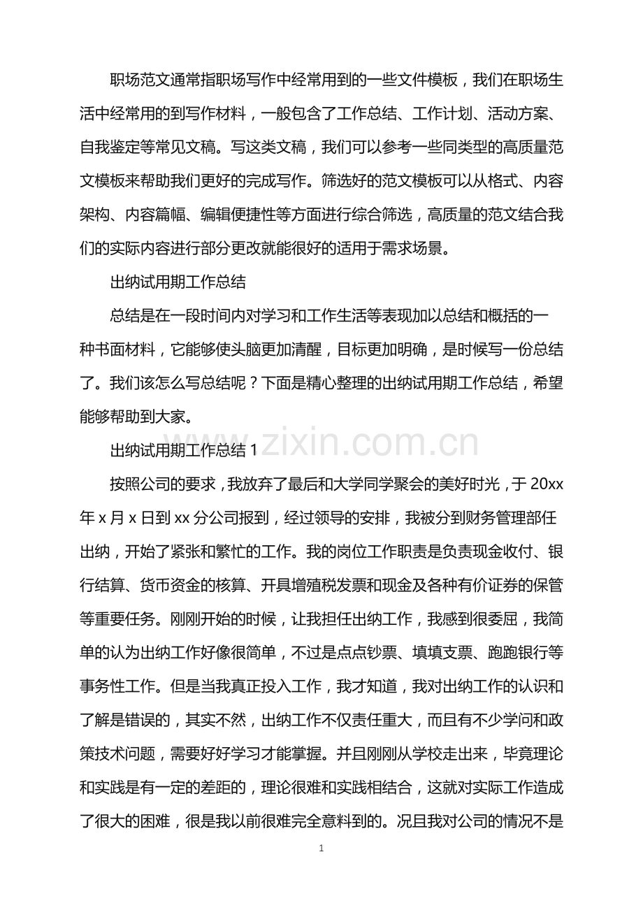 2022年出纳试用期工作总结.doc_第1页