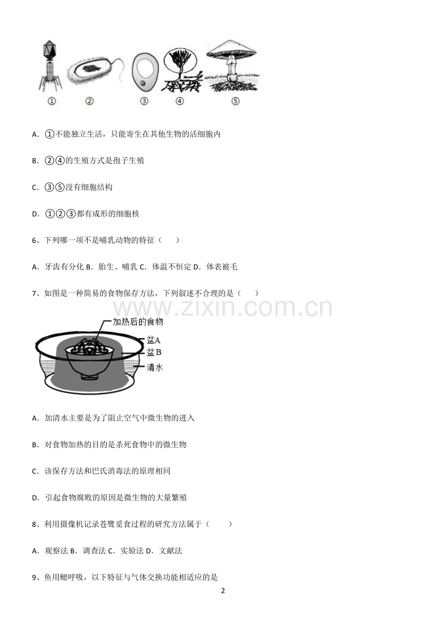 (文末附答案)2022届初中生物生物圈中的其他生物知识点归纳总结.pdf_第2页