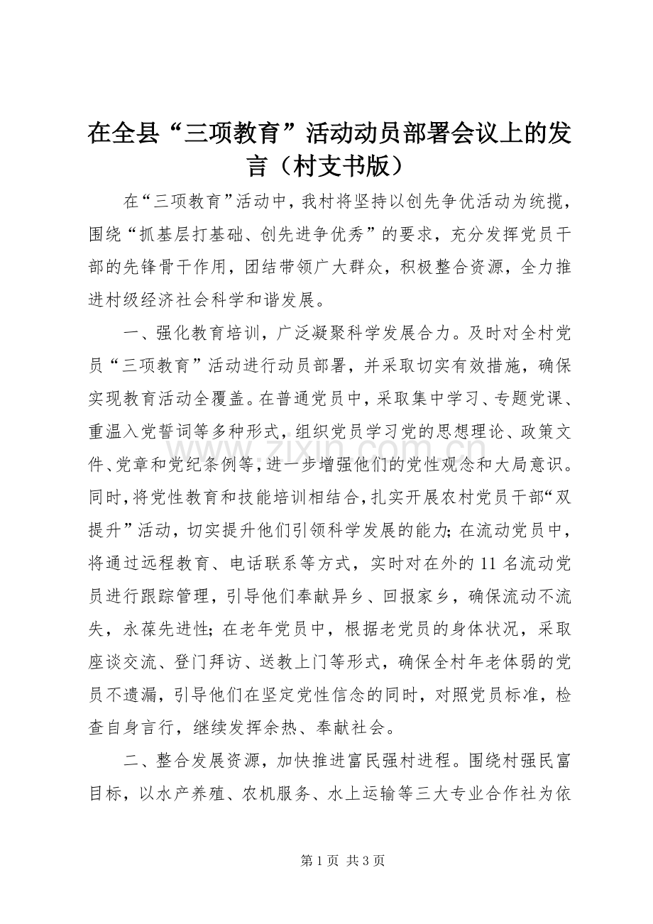 在全县“三项教育”活动动员部署会议上的发言（村支书版）.docx_第1页