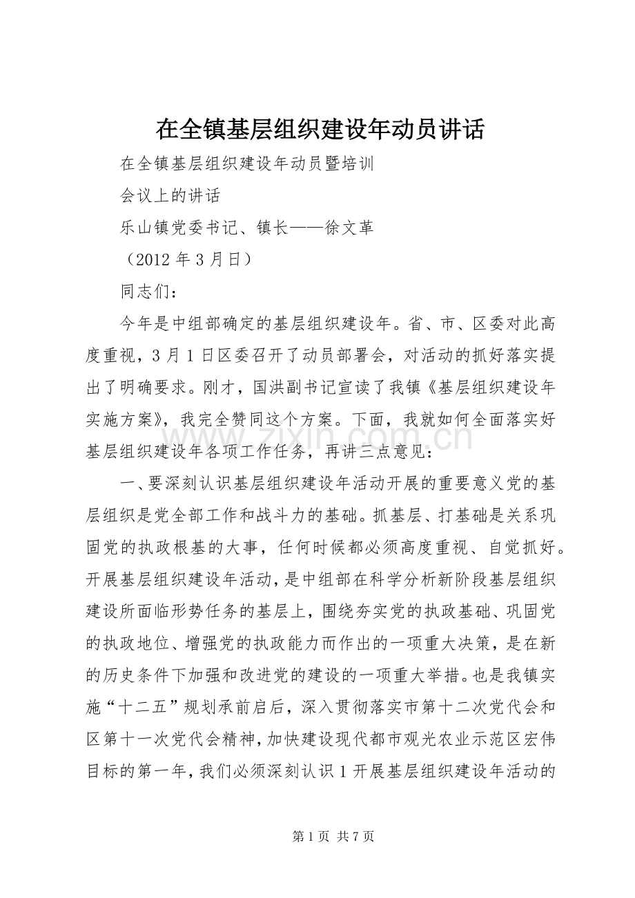 在全镇基层组织建设年动员讲话.docx_第1页