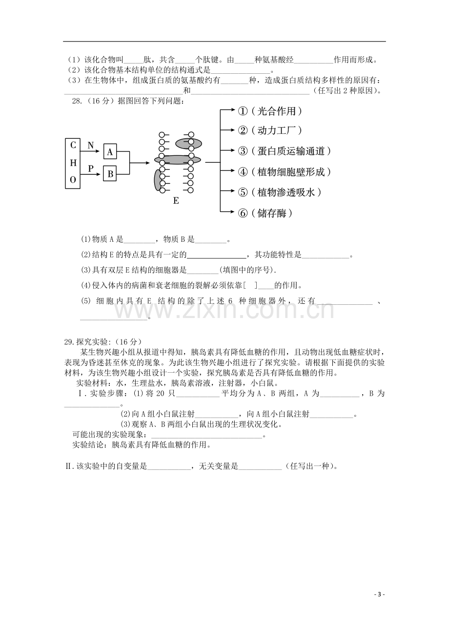 安徽省泗县2012-2013学年高一生物上学期第二次月考(无答案).doc_第3页