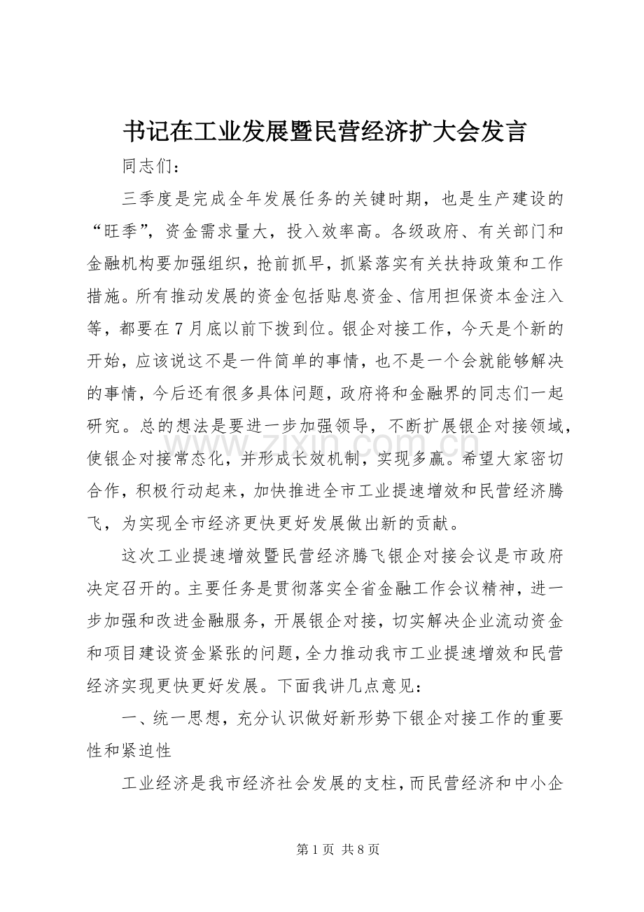 书记在工业发展暨民营经济扩大会发言.docx_第1页