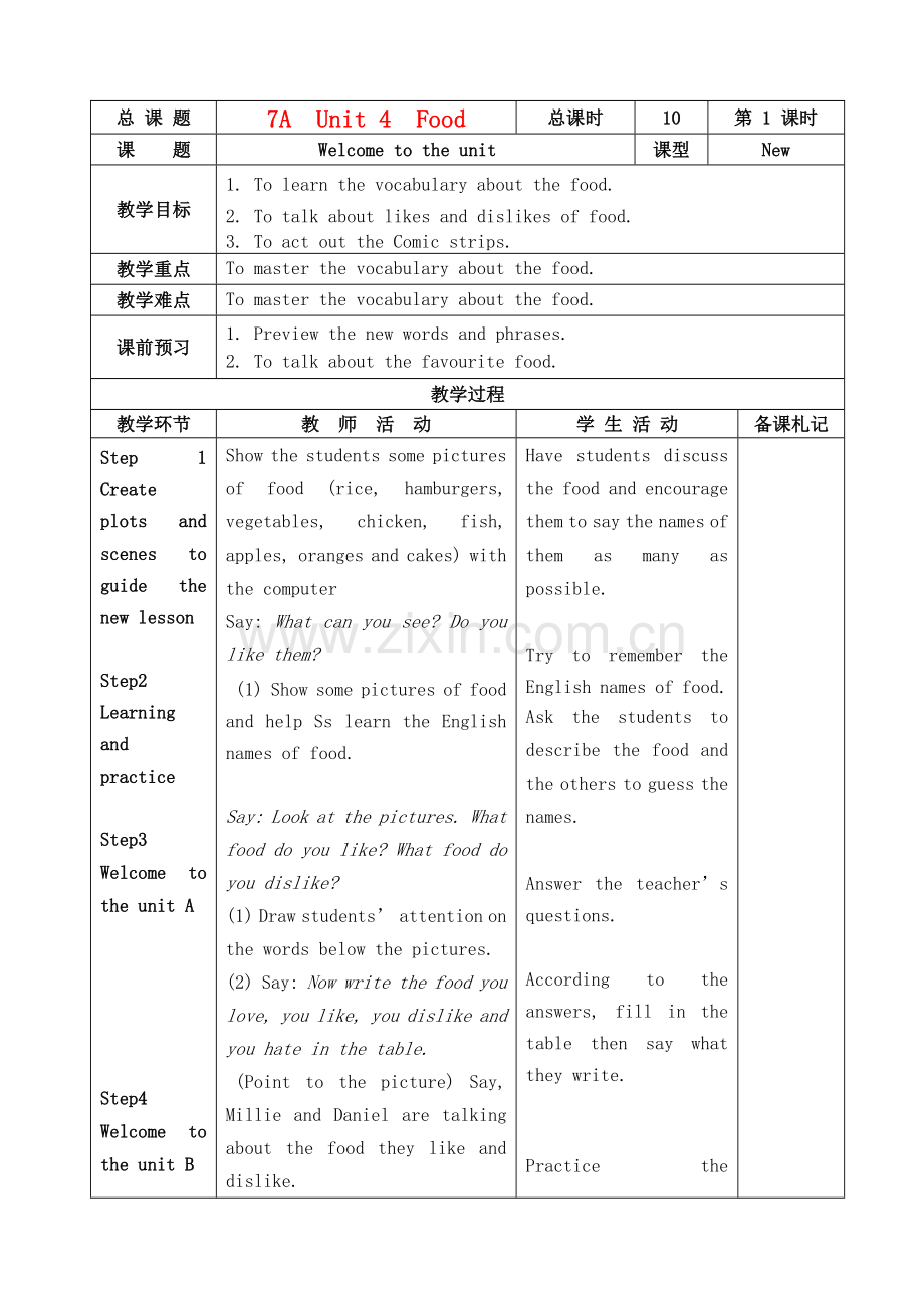 七年级英语上册-Unit4-Food-教案-牛津版.doc_第1页