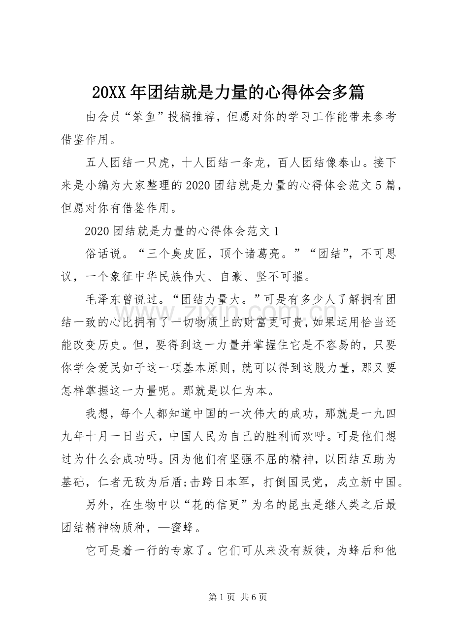 20XX年团结就是力量的心得体会多篇.docx_第1页