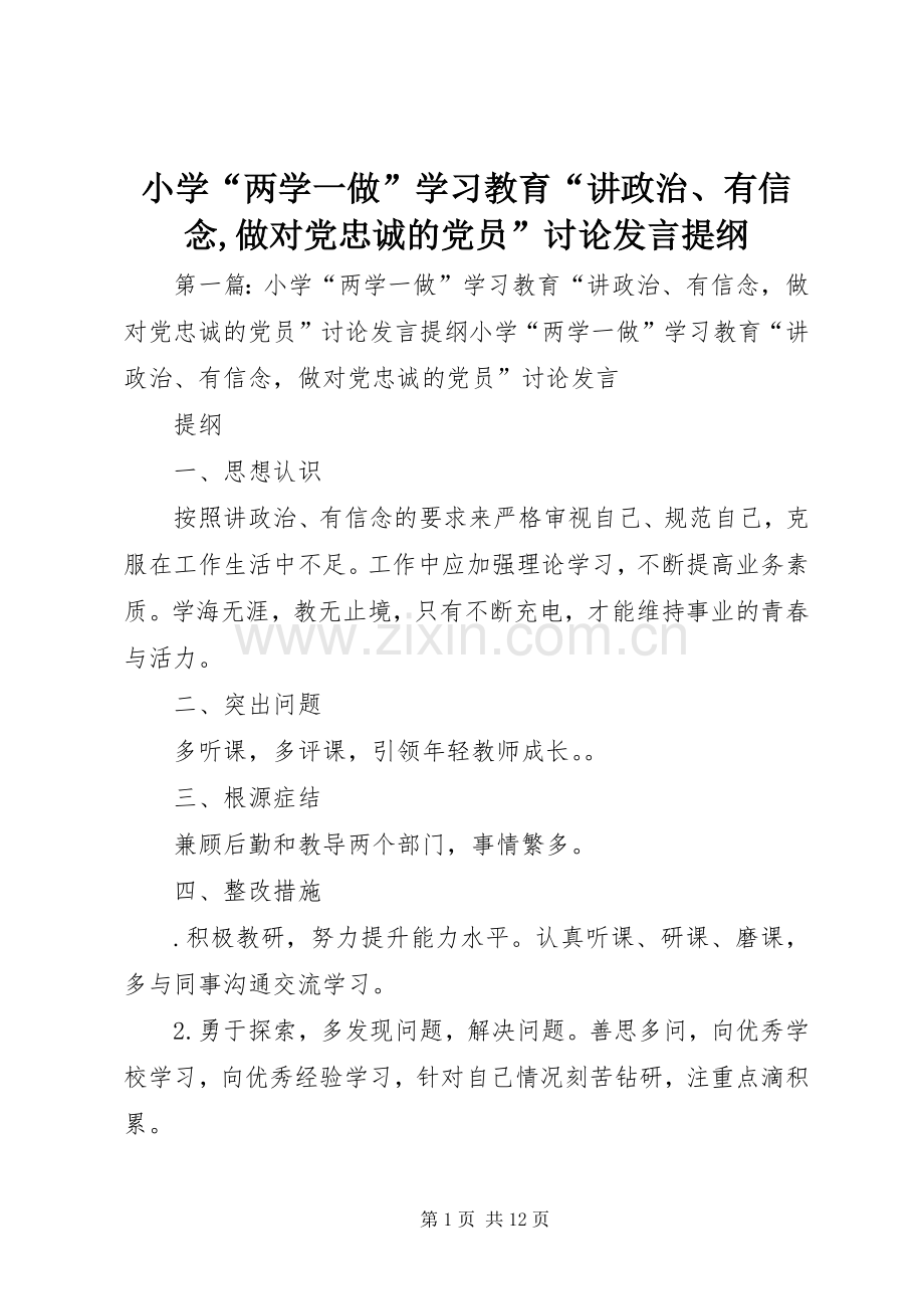 小学“两学一做”学习教育“讲政治、有信念,做对党忠诚的党员”讨论发言提纲.docx_第1页