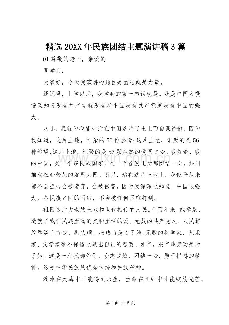 20XX年民族团结主题演讲稿3篇.docx_第1页