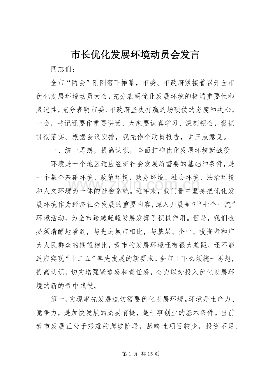 市长优化发展环境动员会发言.docx_第1页