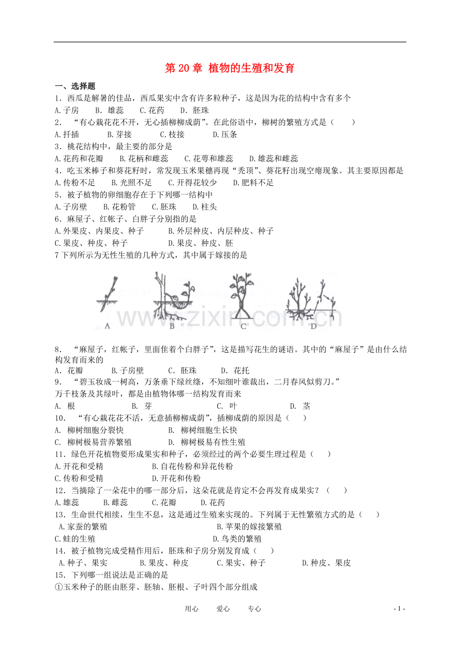 八年级生物上册《植物的生殖和发育》同步练习1-苏科版.doc_第1页