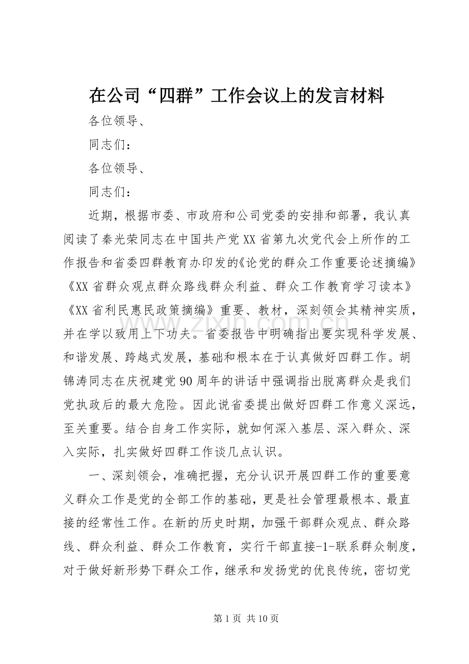 在公司“四群”工作会议上的发言材料.docx_第1页