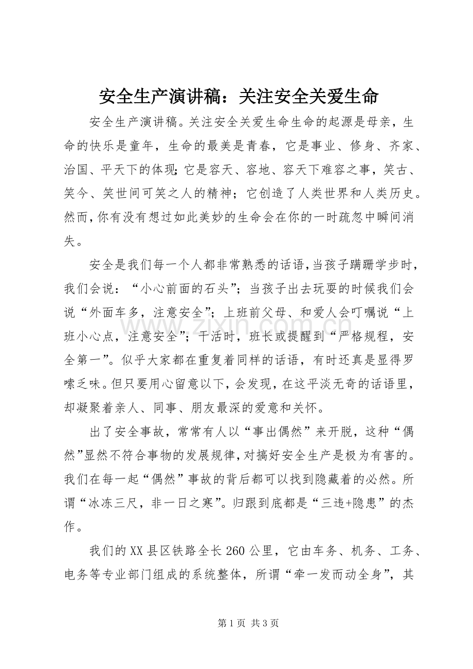 安全生产演讲稿：关注安全关爱生命.docx_第1页