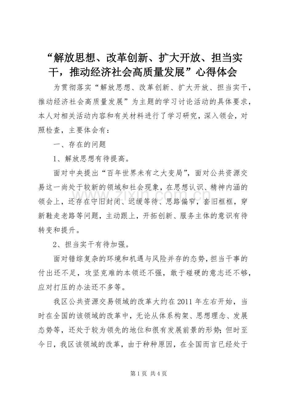 “解放思想、改革创新、扩大开放、担当实干推动经济社会高质量发展”心得体会.docx_第1页