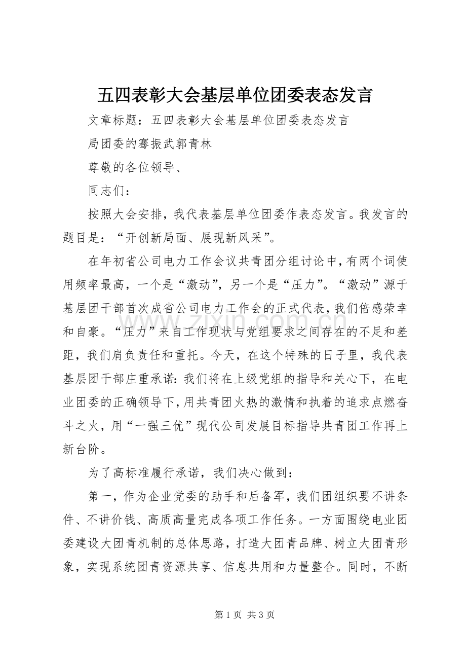 五四表彰大会基层单位团委表态发言.docx_第1页