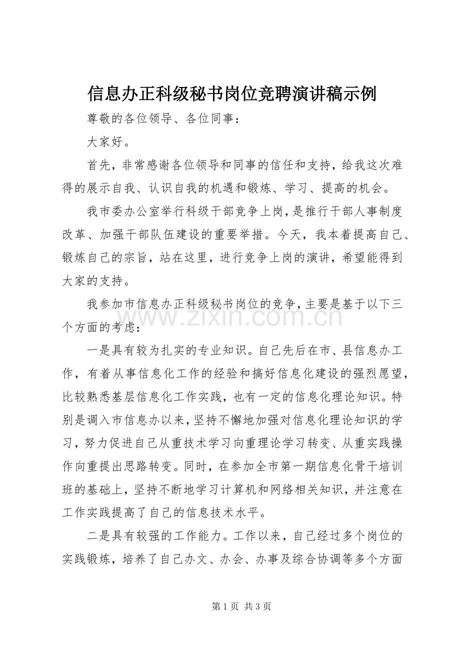 信息办正科级秘书岗位竞聘演讲稿示例.docx_第1页