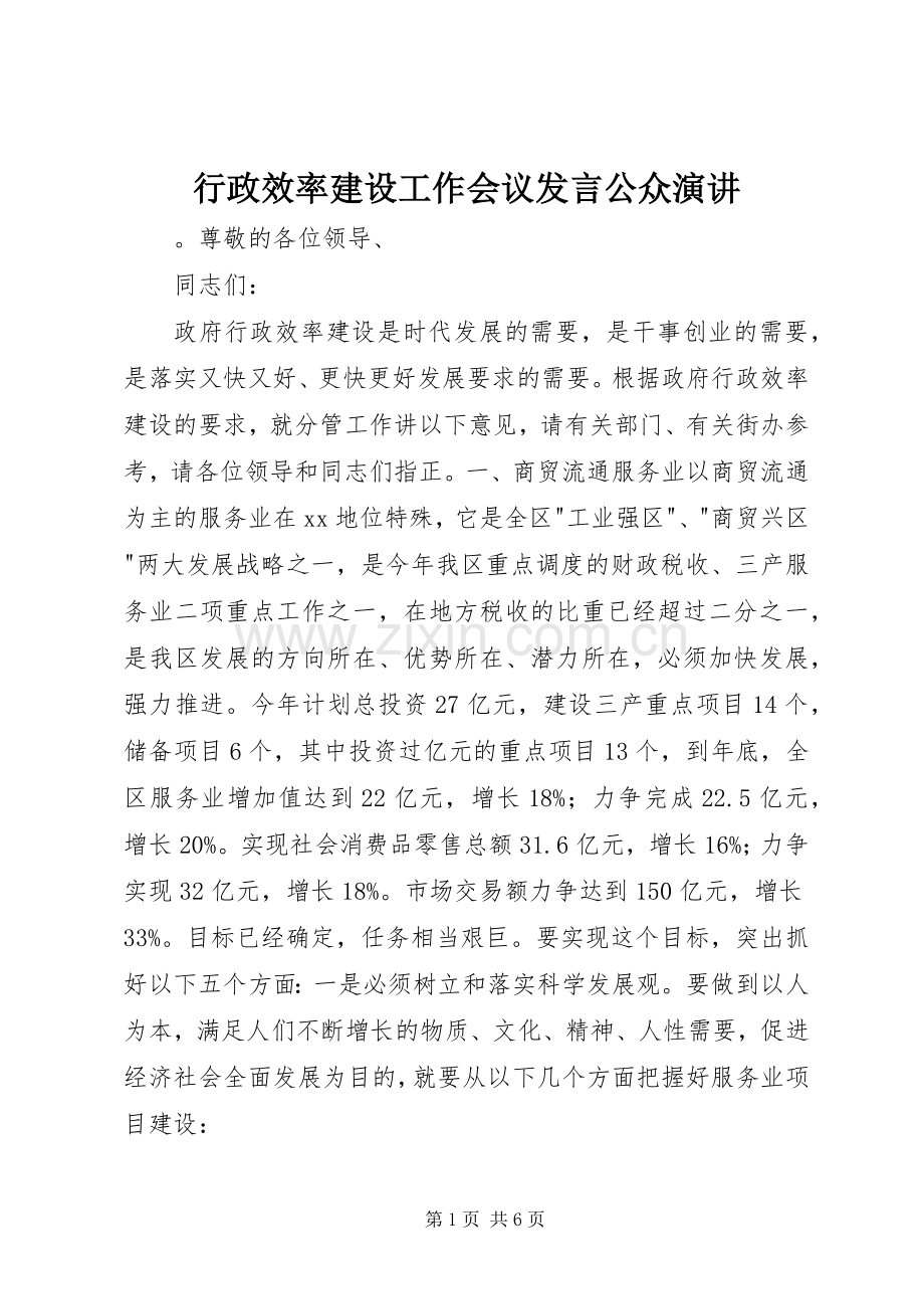 行政效率建设工作会议发言公众演讲.docx_第1页