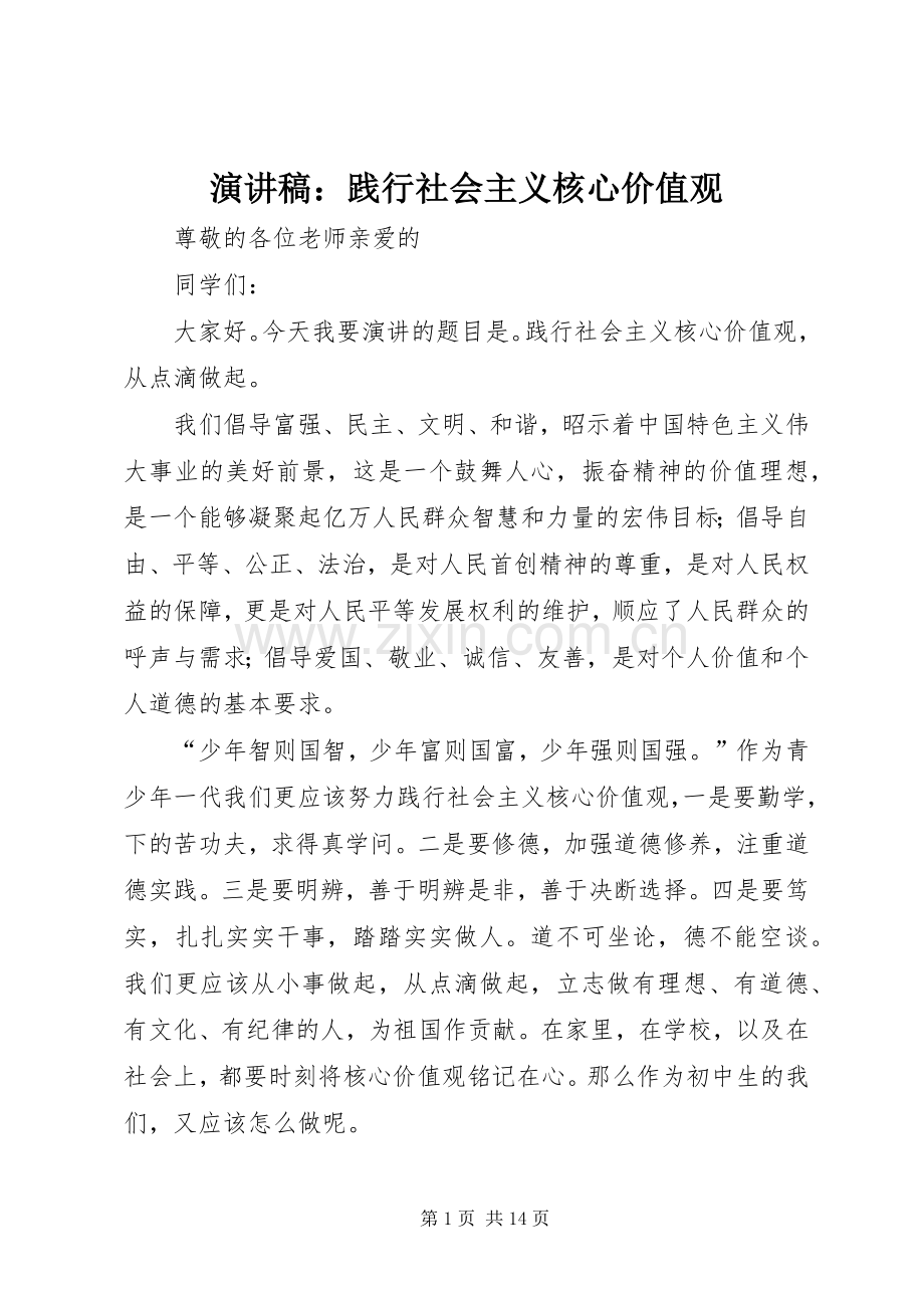 演讲稿：践行社会主义核心价值观.docx_第1页