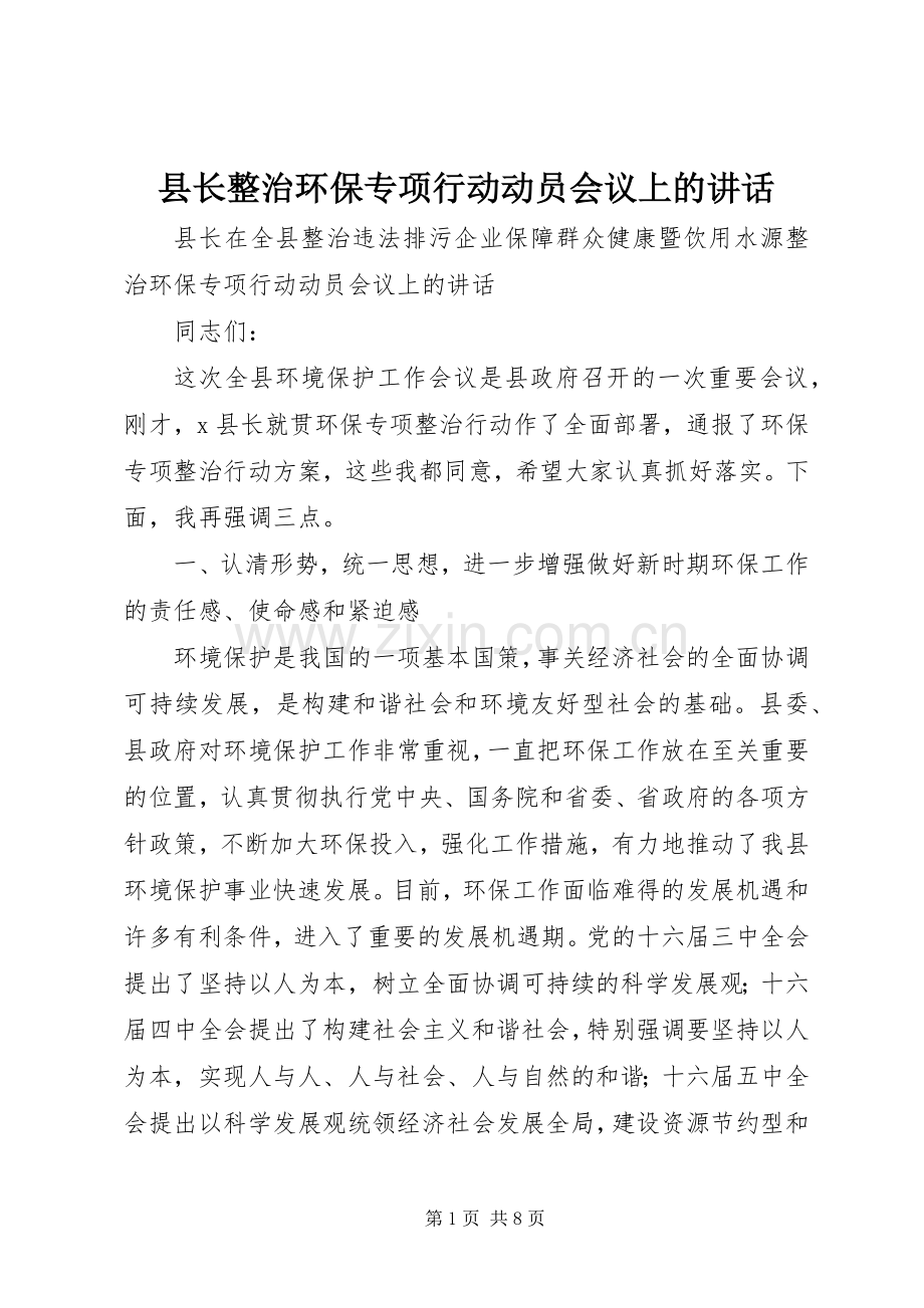 县长整治环保专项行动动员会议上的讲话.docx_第1页