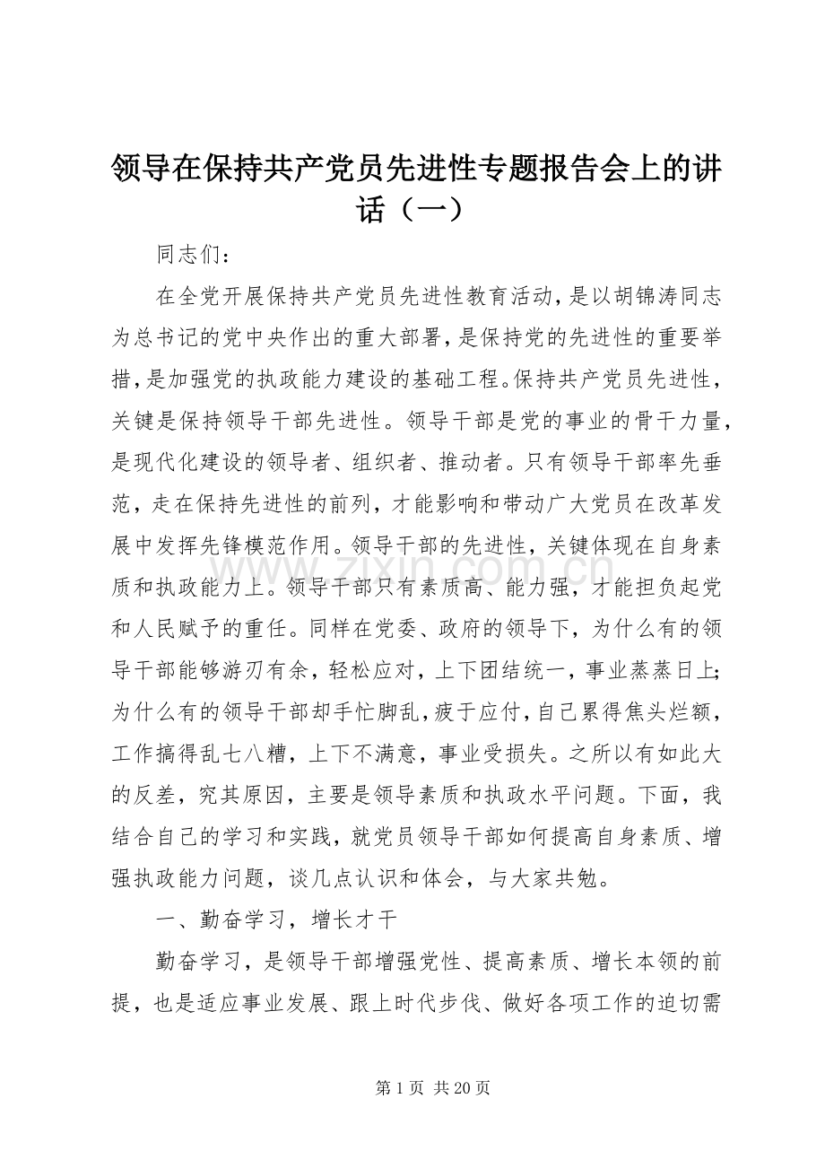 领导在保持共产党员先进性专题报告会上的讲话（一）.docx_第1页