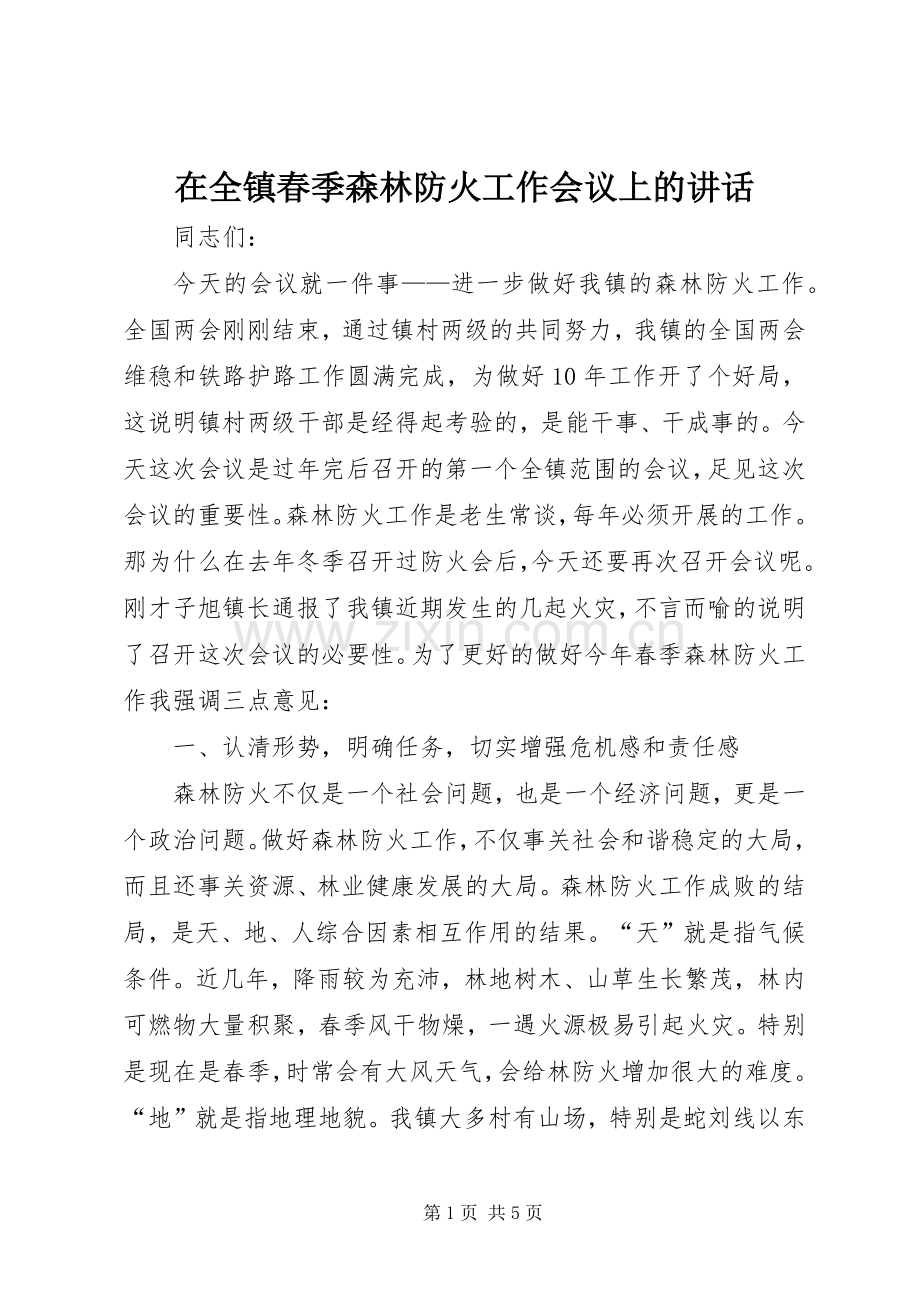 在全镇春季森林防火工作会议上的讲话.docx_第1页