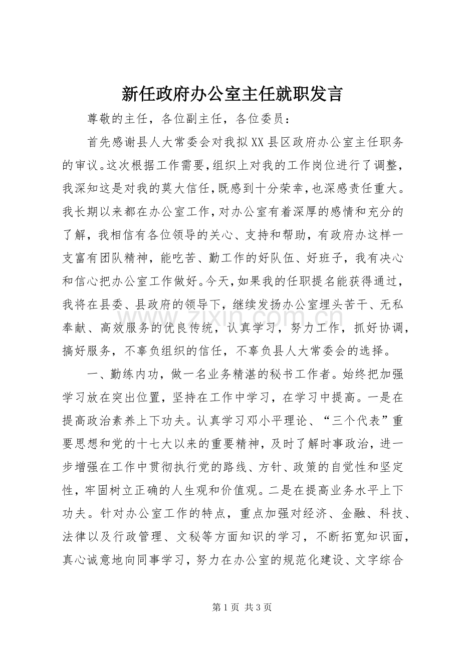 新任政府办公室主任就职发言.docx_第1页