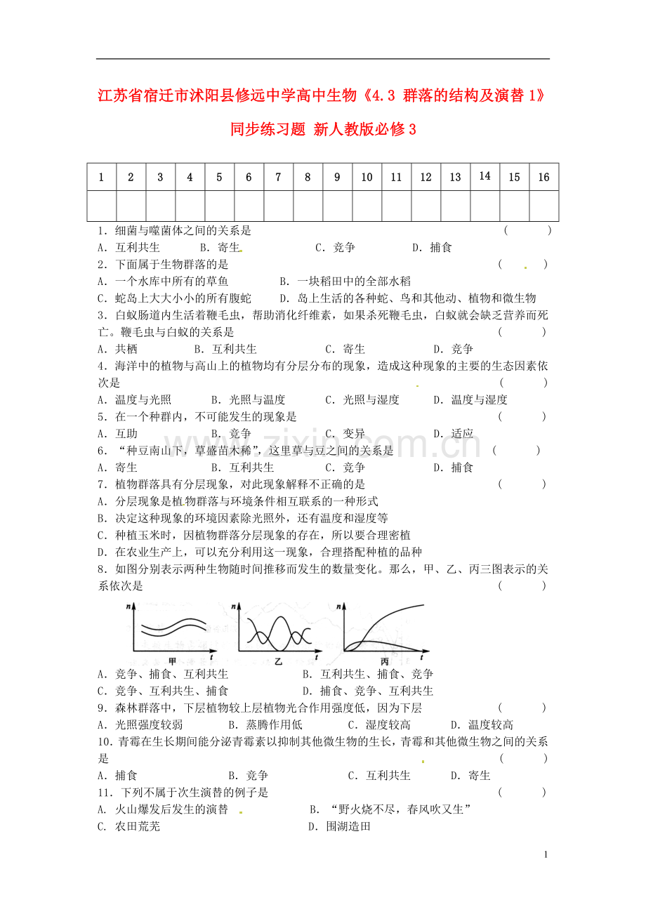 江苏省宿迁市沭阳县修远中学高中生物《4.3-群落的结构及演替1》同步练习题-新人教版必修3.doc_第1页