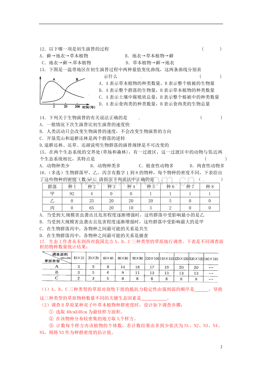 江苏省宿迁市沭阳县修远中学高中生物《4.3-群落的结构及演替1》同步练习题-新人教版必修3.doc_第2页