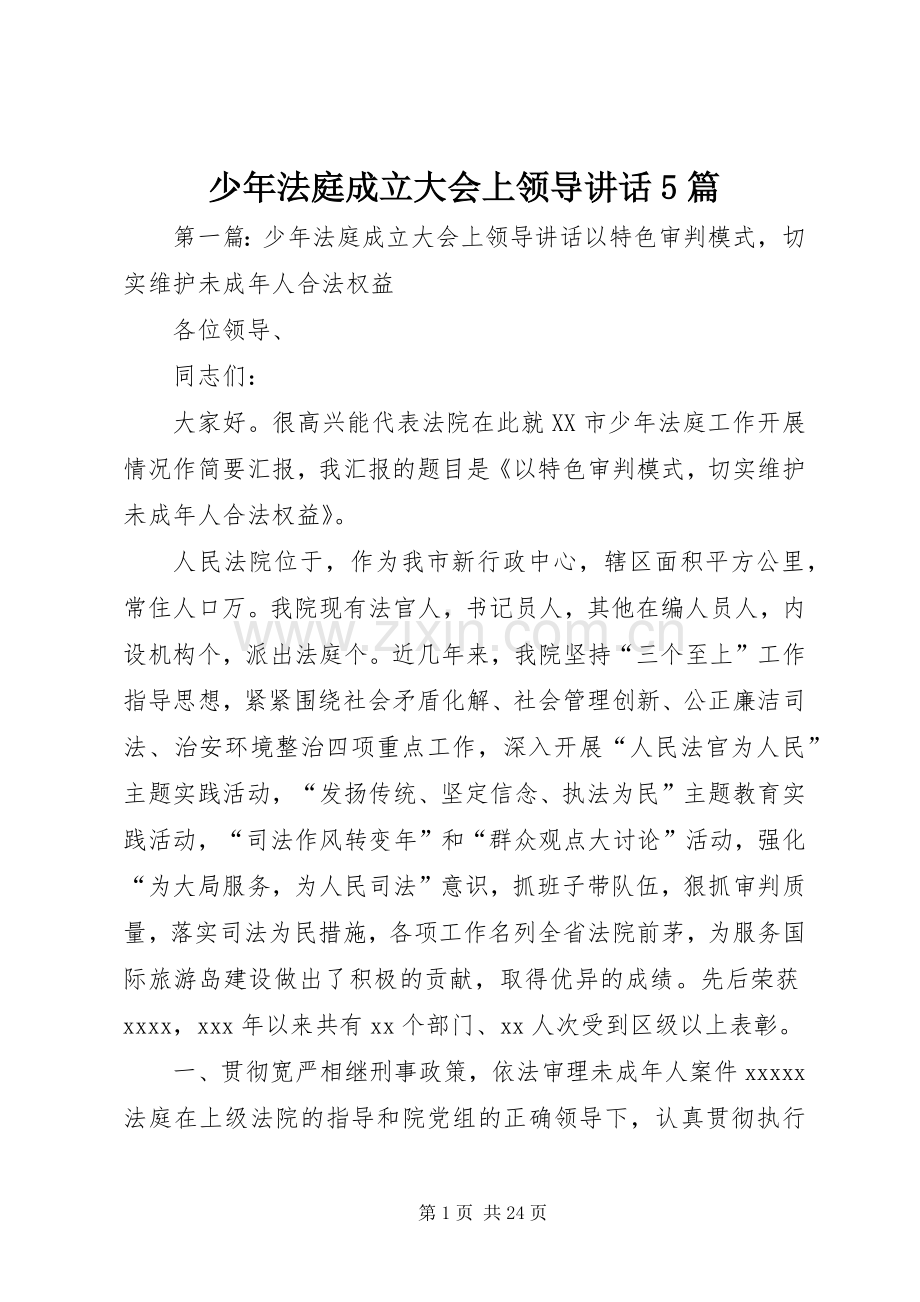 少年法庭成立大会上领导讲话5篇.docx_第1页