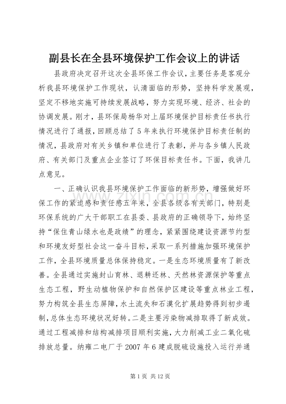 副县长在全县环境保护工作会议上的讲话.docx_第1页