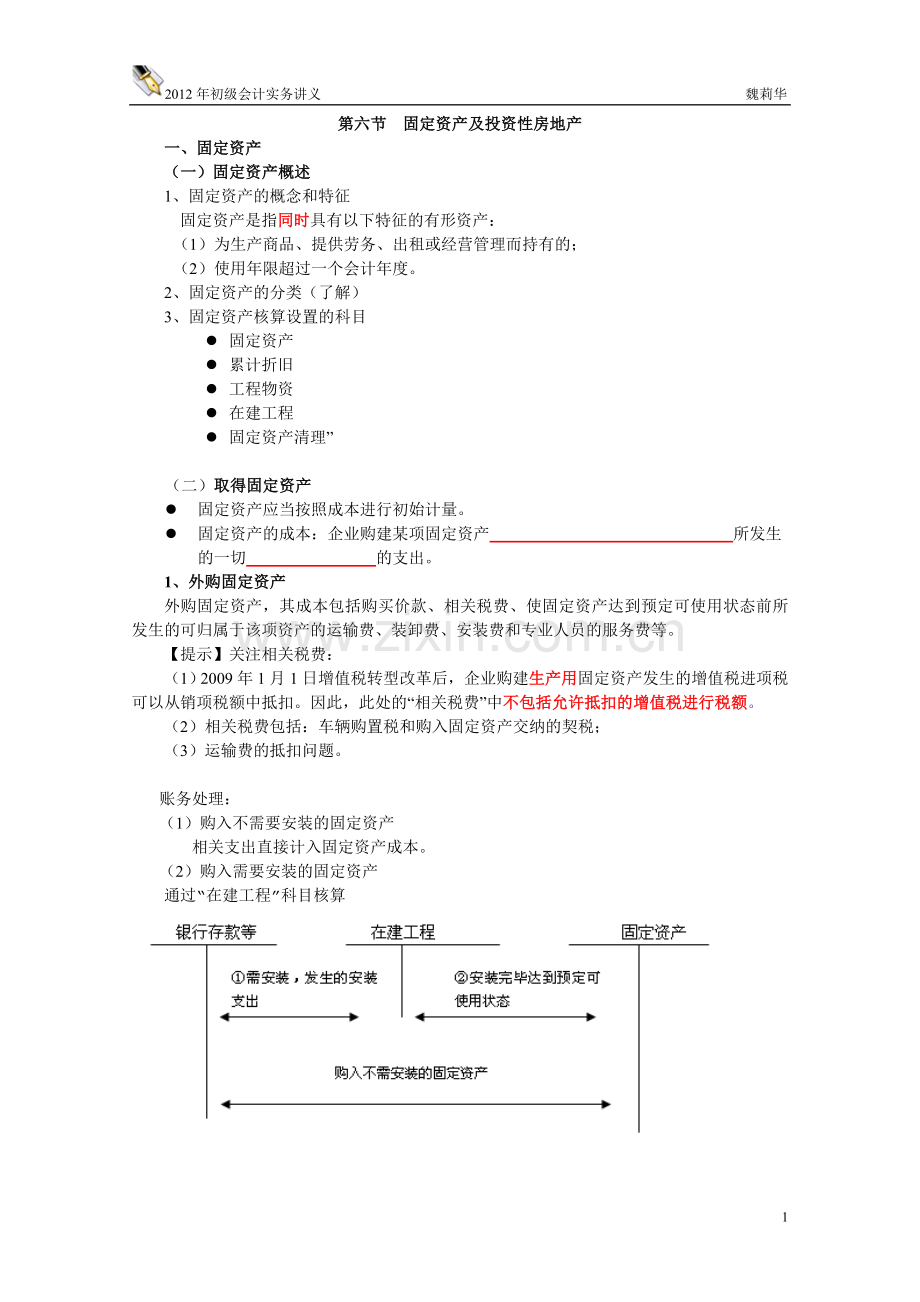 南疆特训班十班魏莉华初级会计实务第一章、资产第六、七节讲义.doc_第1页