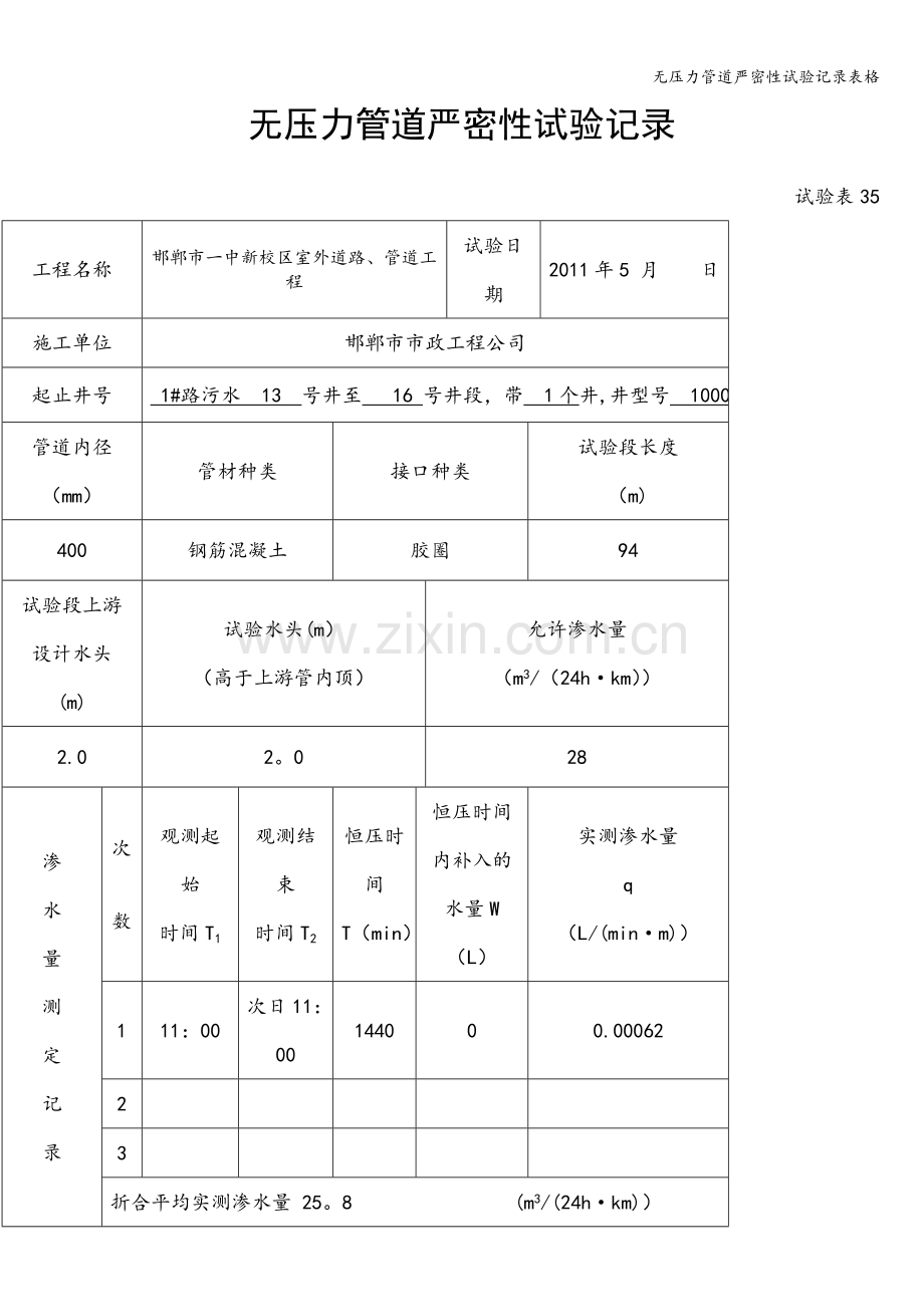 无压力管道严密性试验记录表格.doc_第1页